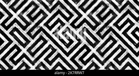 Seamless painted labyrinth maze black and white artistic acrylic paint texture background. Tileable creative grunge monochrome hand drawn geometric pu Stock Photo