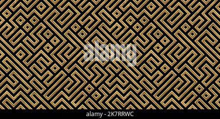 Seamless golden labyrinth maze pattern. Vintage abstract gold plated relief sculpture on dark black background. Elegant metallic luxury backdrop. Maxi Stock Photo