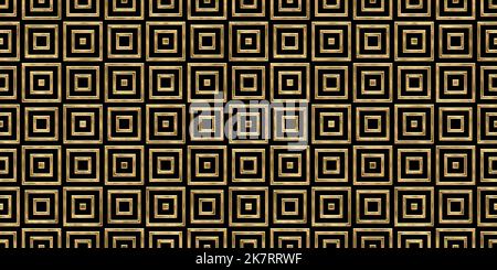 Seamless golden Art Deco square stripe mosaic pattern. Vintage abstract geometric gold plated relief on dark black background. Modern elegant metallic Stock Photo