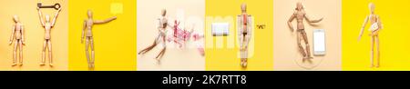 Collage of wooden mannequin with different items on color background, top view Stock Photo