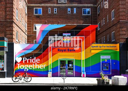 Toronto, Canada - August 12, 2022: Royal Bank painted in rainbow colors on Church Street, a LGBT-oriented area in Toronto. The Royal Bank is one of Ca Stock Photo