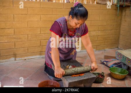 Reina, the owner of El Sabor Zapoteco cooking school in Teotitlan del Valle, a small town in the Valles Centrales Region near Oaxaca, southern Mexico, Stock Photo