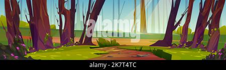 Footpath in sunlit forest cartoon illustration. Beautiful old wood with ancient tall trees, green grass, flowers blooming on bushes and clear blue sky background. Natural landscape vector design Stock Vector