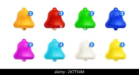 3d render notification bells, colorful unread message on phone or computer application. Alert notice, spam, chat box, online conversation isolated icons, Vector illustration in cartoon plastic style Stock Vector