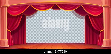 Theater stage with red curtains, wooden floor, white columns isolated on transparent background.Theatre scene interior with empty backdrop, vector cartoon illustration Stock Vector