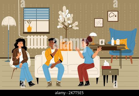 Family psychotherapy, psychologist speaking with couple in conflict and bad relation. Young husband and wife sitting on couch at doctor cabinet talk and crying, Cartoon linear flat vector illustration Stock Vector