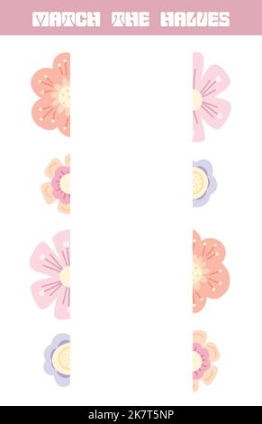 Vector vertical worksheet template for preschool lessons. Find right half for naive tender flowers. Match the halves. Template with cartoon flowers. Stock Vector