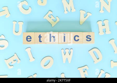 Business and moral ethics concept in business, company and organization. Word typography on wooden blocks flat lay. Stock Photo