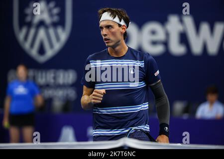 Swiss Marc-Andrea Huesler celebrates after scoring during the men's singles first round game between Swiss Huesler and Argentinian Cerundolo at the European Open Tennis ATP tournament, in Antwerp, Tuesday 18 October 2022. BELGA PHOTO DAVID PINTENS Stock Photo