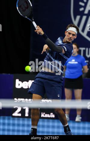 Swiss Marc-Andrea Huesler pictured in action during the men's singles first round game between Swiss Huesler and Argentinian Cerundolo at the European Open Tennis ATP tournament, in Antwerp, Tuesday 18 October 2022. BELGA PHOTO DAVID PINTENS Stock Photo