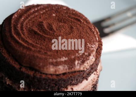 Close-up view of a chocolate cake and a plate , fork and napkin in the background. Stock Photo