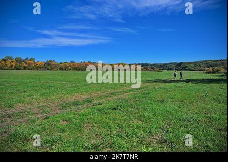 Two hikers walking through the green valley in Croatia Stock Photo