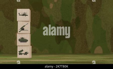 Military equipment wooden block icons on with camouflage background. Comparison of number of different types of weapons. Army war battle conflict weap Stock Photo