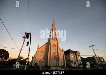 Sunset fades on a historic church in the heart of downtown Eureka, California, USA. Stock Photo