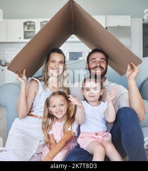 Protection, smile and portrait of family with a roof or covering hand