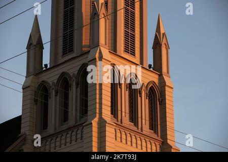 Sunset fades on a historic church in the heart of downtown Eureka, California, USA. Stock Photo