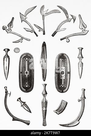 Weapons of the Zande warriors. Troumbaches, knives, sabers and shields, Democratic Republic of the Congo. Africa. Heart of Africa Three years travels and adventures in the unexplored regions of Central Africa by Georg August Schweinfurth, 1868-1871 Stock Photo