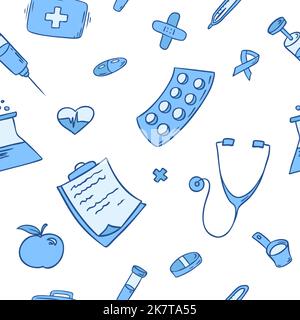 Hand drawn seamless pattern of daily necessities. Medical and health care items. Stock Vector