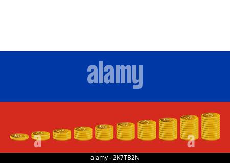 Stacks of golden coins of rubles on the background of the flag of Russia. Stock Photo