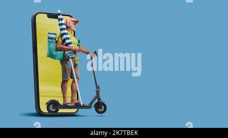 Funny senior tourist riding an electric scooter and going to the beach, he is coming out from a smartphone screen, blank copy space Stock Photo