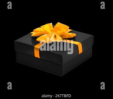 black gift box with a gold ribbon  on a black backgound. . Mockup Stock Photo