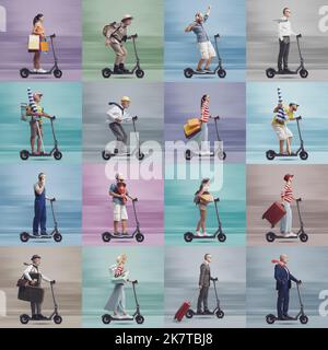 Set of diverse people riding fast eco-friendly electric scooters, different poses, outfits and characters, sustainable mobility concept Stock Photo