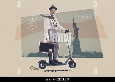 Retro style traveler and photographer riding an electric scooter, New York panorama in the background, vintage poster design Stock Photo