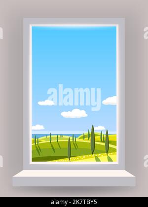 Window view interior, rural landscape, country nature Stock Vector