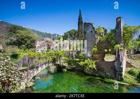 View of the river Ninfa among trees and ruins in spring in Garden of Ninfa, Lazio, Italy Stock Photo