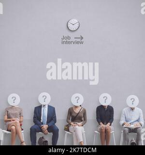 Diverse job candidates sitting in the waiting room and waiting for their turn, they have question marks in place of their heads Stock Photo