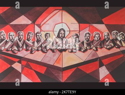 Hand drawn watercolor illustration or drawing of Jesus Christ with disciples at last supper Stock Photo