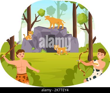 Prehistoric Stone Age Tribes Hunting Large Animals with Weapon in Flat ...