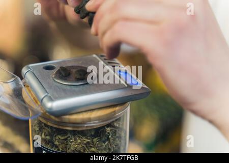 Small pieces of CBD Hashish on a scale. Cannabis extract. Alternative herbal medicine concept. High quality photo Stock Photo
