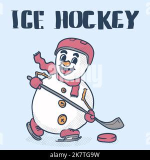 funky snowman ice hockey retro mascot . winter activity. vintage style icon illustration Stock Vector