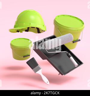 Set of flying safety helmet, bucket, tray with paint rollers and brushes for painting walls on pink background. 3d render of renovation apartment conc Stock Photo