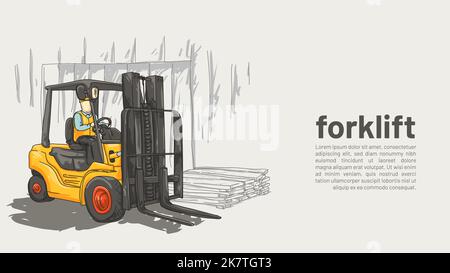isolated forklift. heavy equipmet rough drawing with editable copy space vector illustration. Stock Vector