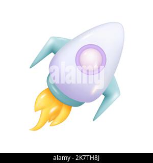 3D Space Rocket Ship Launch Isolated on White Background. White Spaceship with Flame from Turbines. Startup Business Concept Vector Illustration Stock Vector