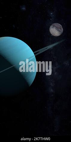 Puck orbiting around Uranus planet in the outer space. 4K Vertical Stock Photo