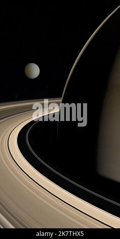 Satellite Rhea, Saturn's moon, orbiting around Saturn planet Stock Photo