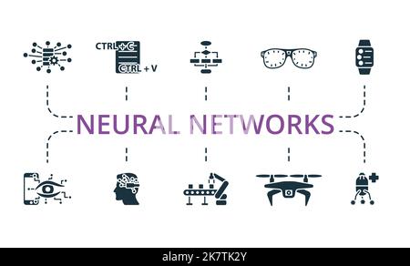 Neural Networks icon set. Monochrome simple Neural Networks icon collection. Big Data, Pattern, Algorithm, Smart Glasses, Smart Watch, Smart Lens Stock Vector
