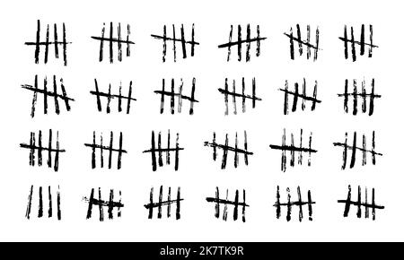 Isolated tally marks. Prison days counting wall hash symbols. Grungy tally marks or paint cross slashes vector signs set. Jail time, death waiting scratches and score brush hand drawn strokes Stock Vector