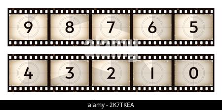 Movie countdown old grunge film strip, cinema count down filmstirp in  vector sepia vignette. TV reel or commercial video and movie trailer  countdown film strip for screen or intro tape counter Stock