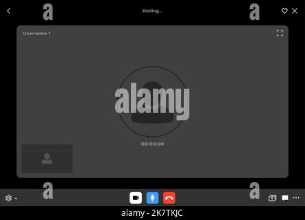 Videocall interface. Internet video conference application interface frame, videocall program display vector overlay or remote meeting app screen, window layout with icons and avatar symbol Stock Vector