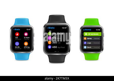 Fitness tracker display screen, smart watch interface. Vector devices on blue, black and green silicone bracelets. Smartwatch modern electronic gadget, technology for monitoring health parameters Stock Vector