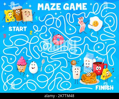 Cartoon breakfast characters. Labyrinth maze game. Child maze worksheet, kids labyrinth quiz vector worksheet with cheese, coffee cup and toast, donut, bacon, egg and milk, pancake funny personages Stock Vector