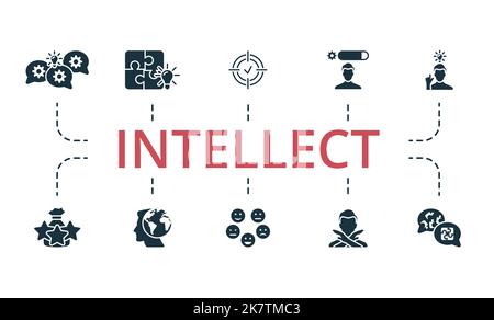 Intellect icon set. Monochrome simple Intellect icon collection. Brainstorming, Solutions, Focus, Skill, Solve The Problem, Experience, Global Stock Vector