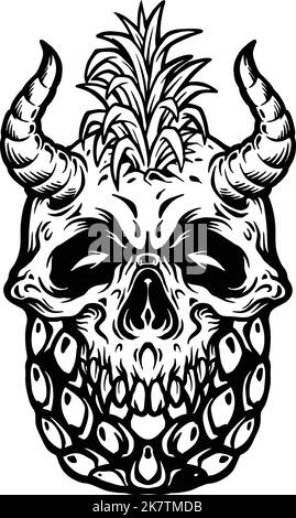 Pineapple skull head Summer Monochrome vector illustrations for your work logo, merchandise t-shirt, stickers and label designs, poster, greeting card Stock Vector