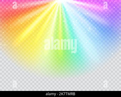 Rainbow rays on transparent background. Sun light refraction ray backdrop, sunlight spectrum flare realistic vector cover or wallpaper. Rainbow gradient glare, magic glow, prism reflection background Stock Vector