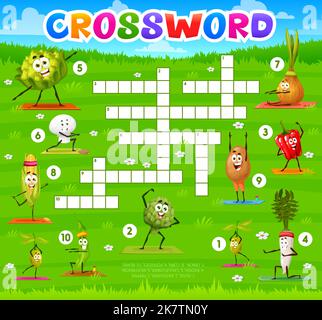 Cartoon vegetables on yoga fitness crossword grid. Find a word quiz game. Vector worksheet with funny olive, artichoke, pepper and radish, cauliflower, mushroom, onion with corn, potatoes and beans Stock Vector