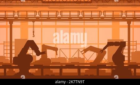 Industrial automated robot arms on factory conveyor. Manufacture industry. Factory hydraulic robot arm cover or background, machinery equipment vector backdrop with robotic manipulator silhouettes Stock Vector